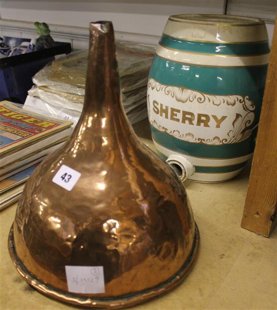 Victorian copper beer funnel and a sherry cask (lacking cover and spigot)